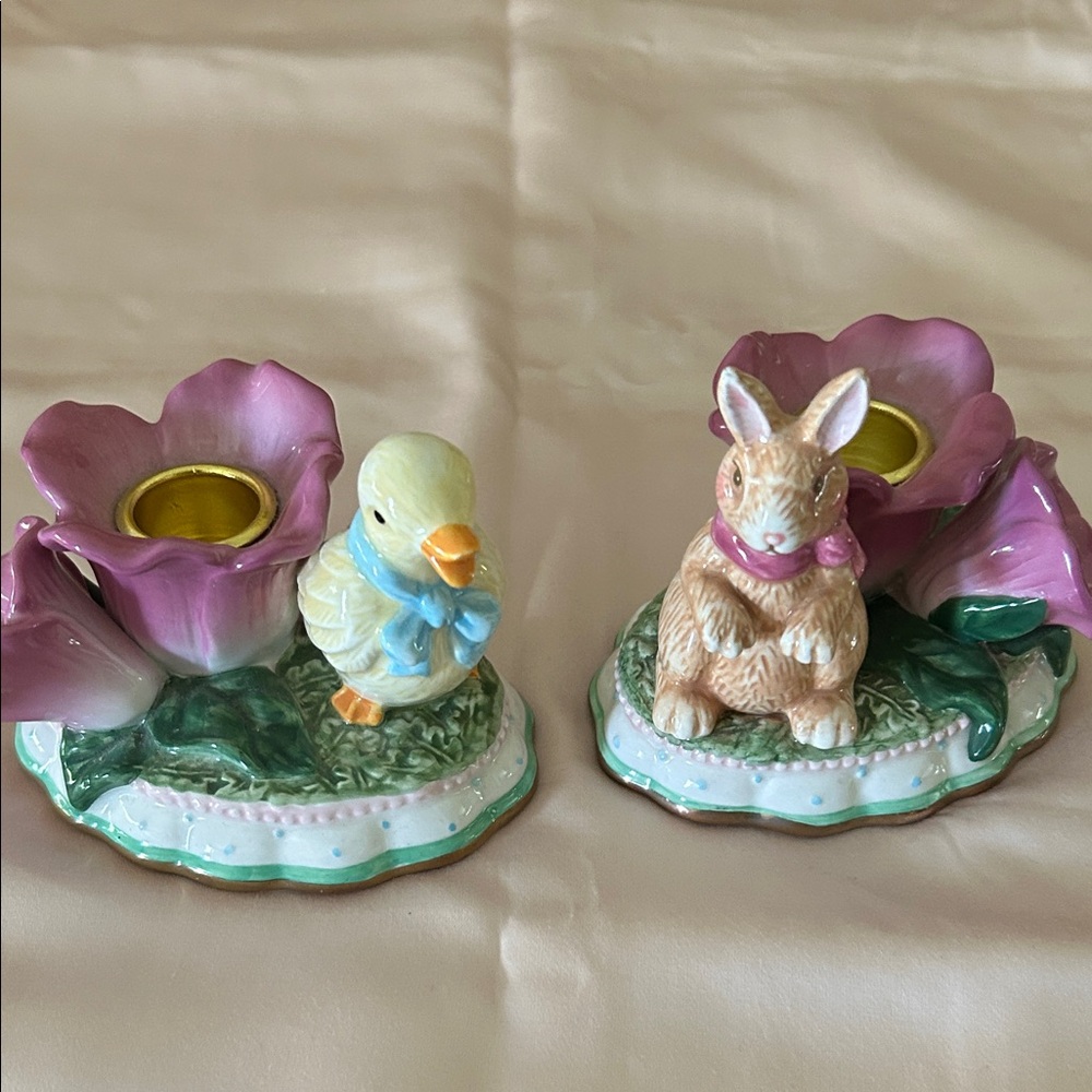 Avon Ceramic Bunny and Chick Floral Candle Holders -